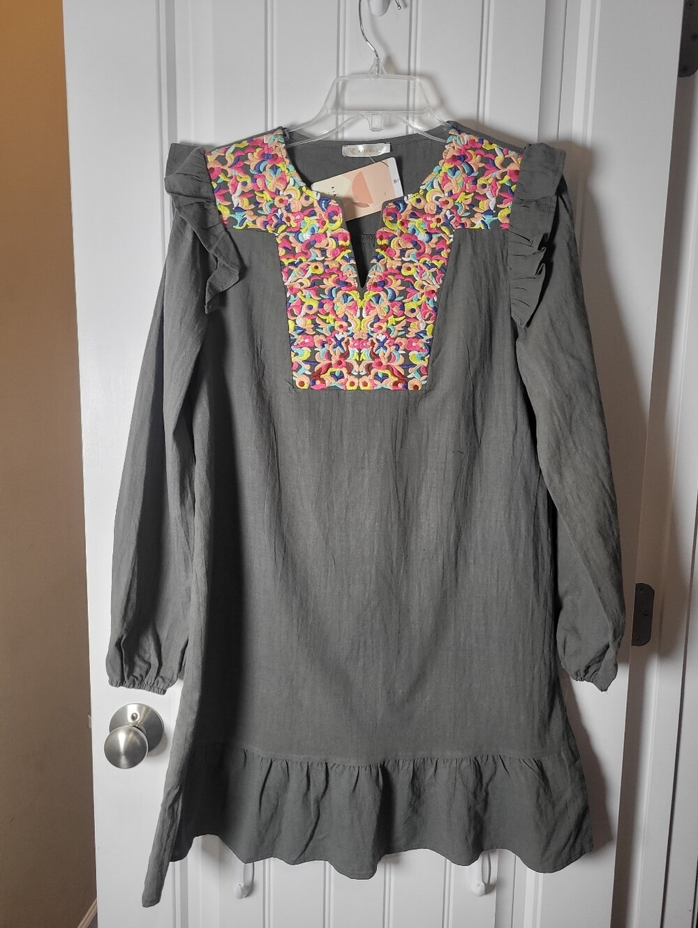 Kirundo army green ruffled Sleeve Dress with Multicolor Embroidered Yoke.